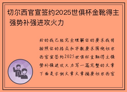 切尔西官宣签约2025世俱杯金靴得主 强势补强进攻火力